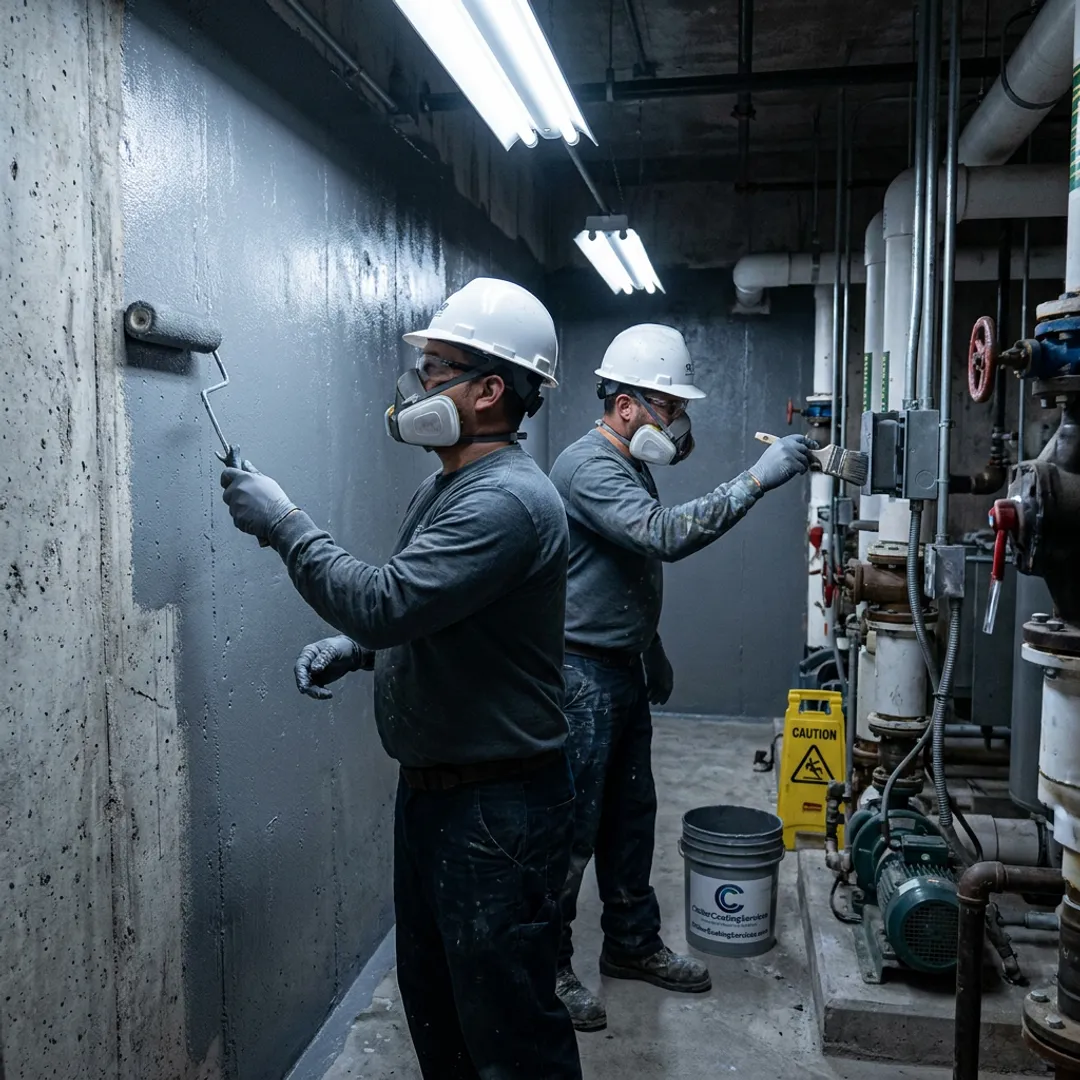 Contractor applying waterproof coating in a commercial facility
