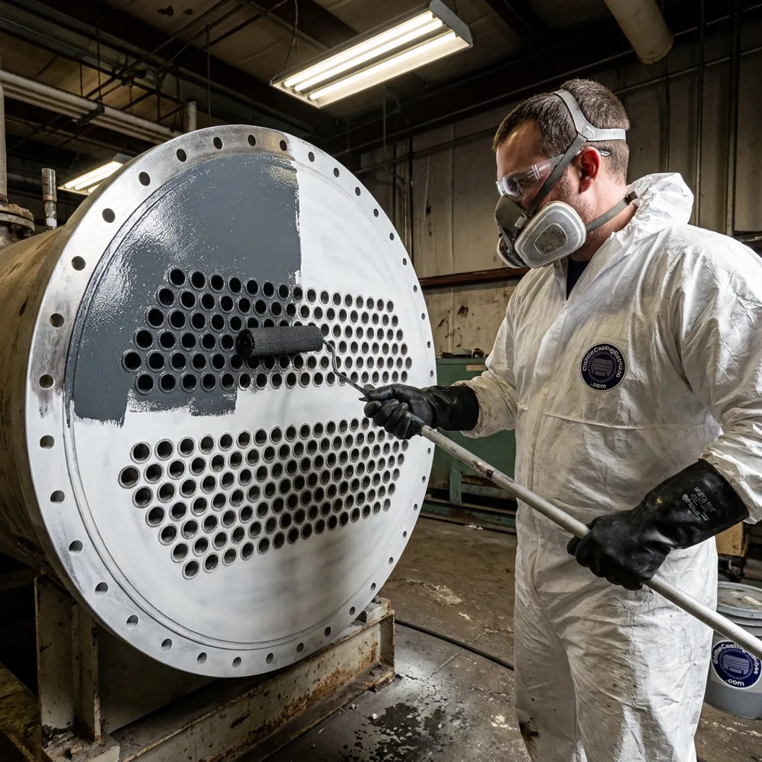 Technician coating an open chiller tube sheet