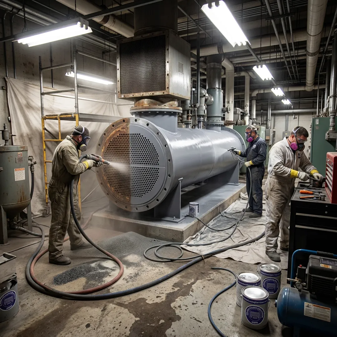 Crew preparing chiller tube sheet for coating