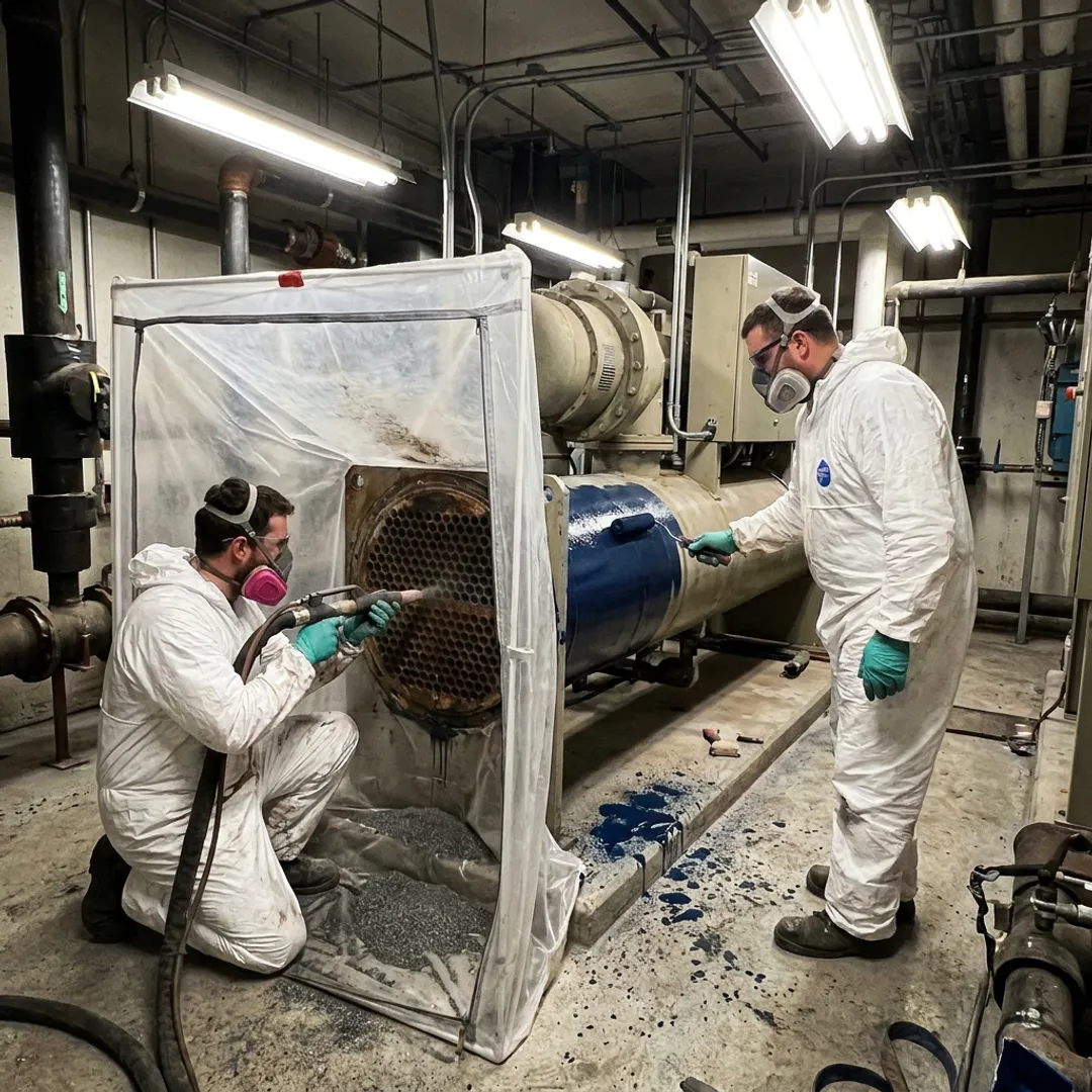 Technicians restoring a commercial chiller tube sheet