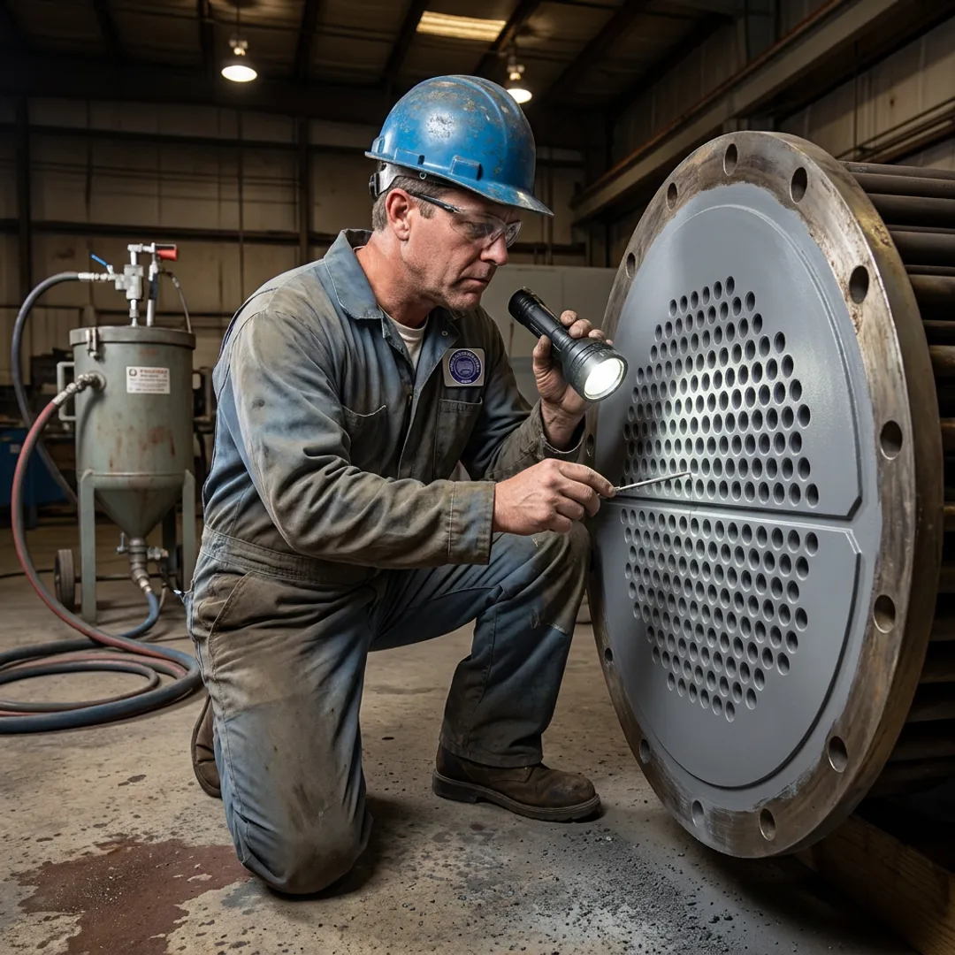 Technician inspecting centrifugal chiller tube sheet