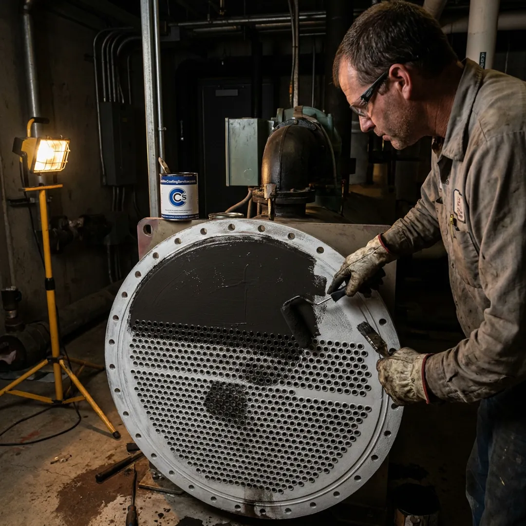 Technician coating chiller tube sheet