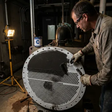 Technician coating chiller tube sheet