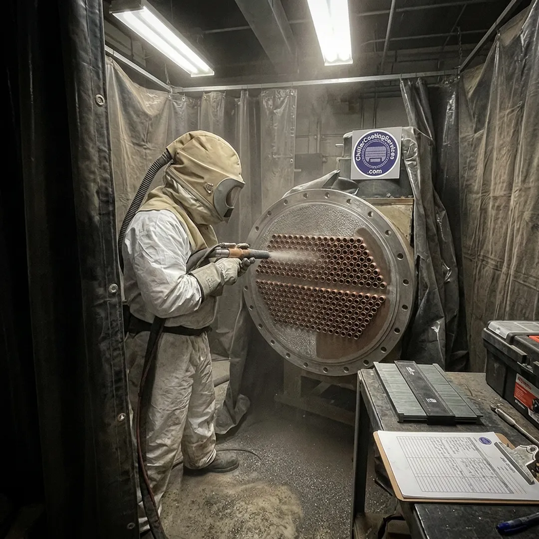 Technician preparing chiller tube sheet