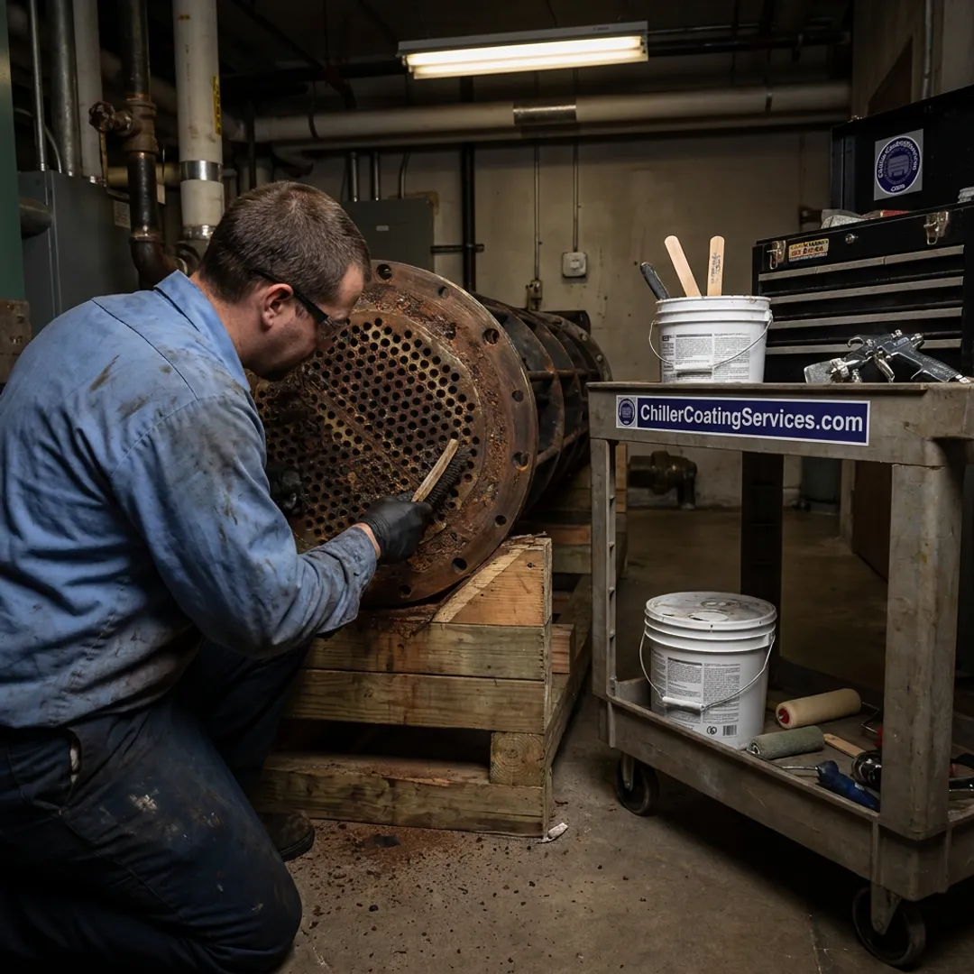 Technician repairing industrial heat exchanger