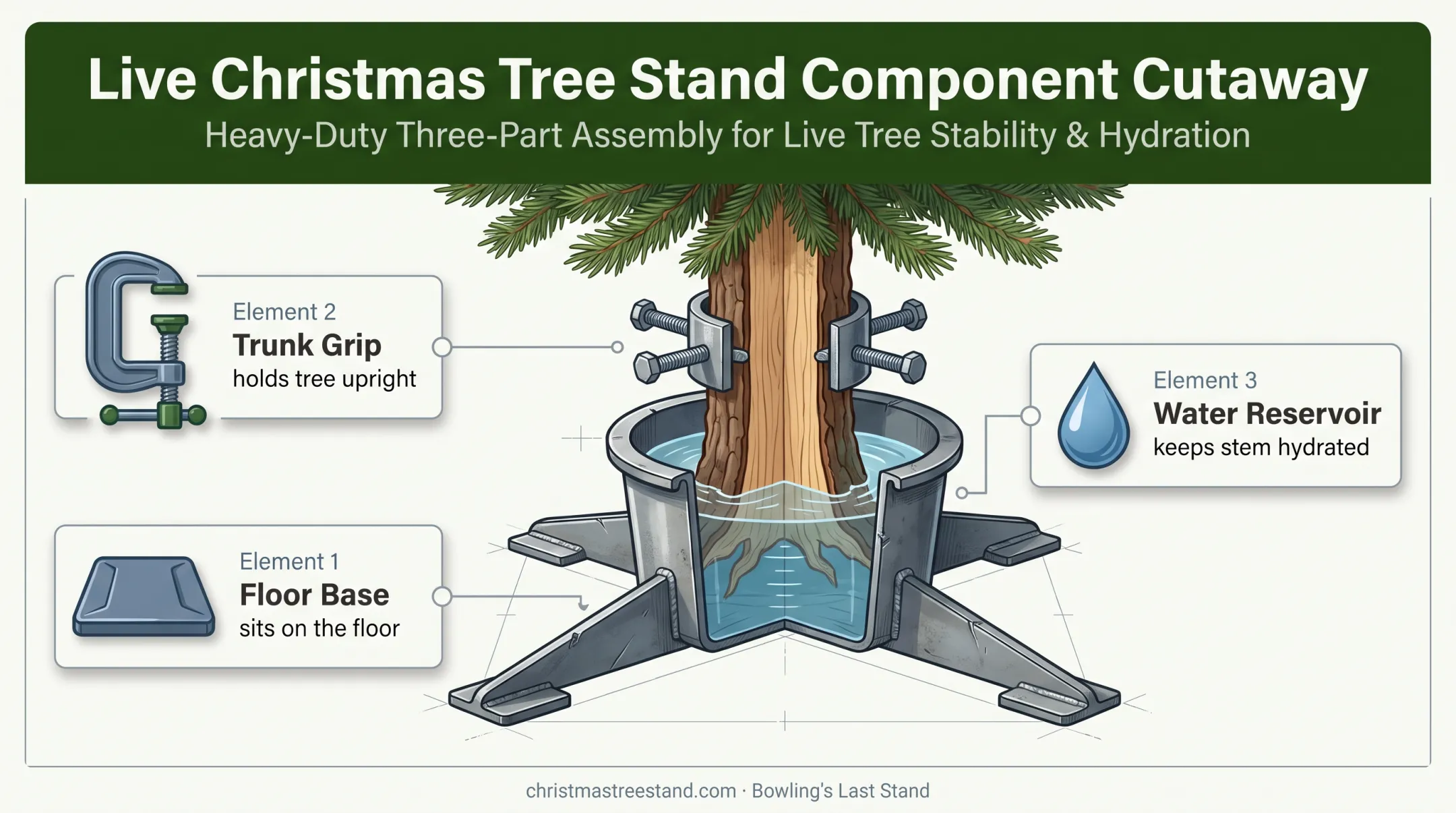 Three-part live Christmas tree stand anatomy and function diagram