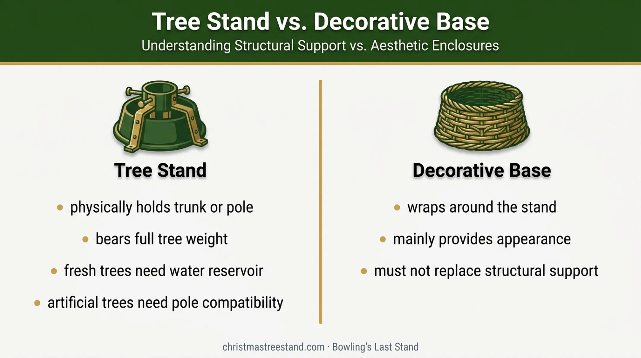 Christmas tree stand versus decorative base support comparison