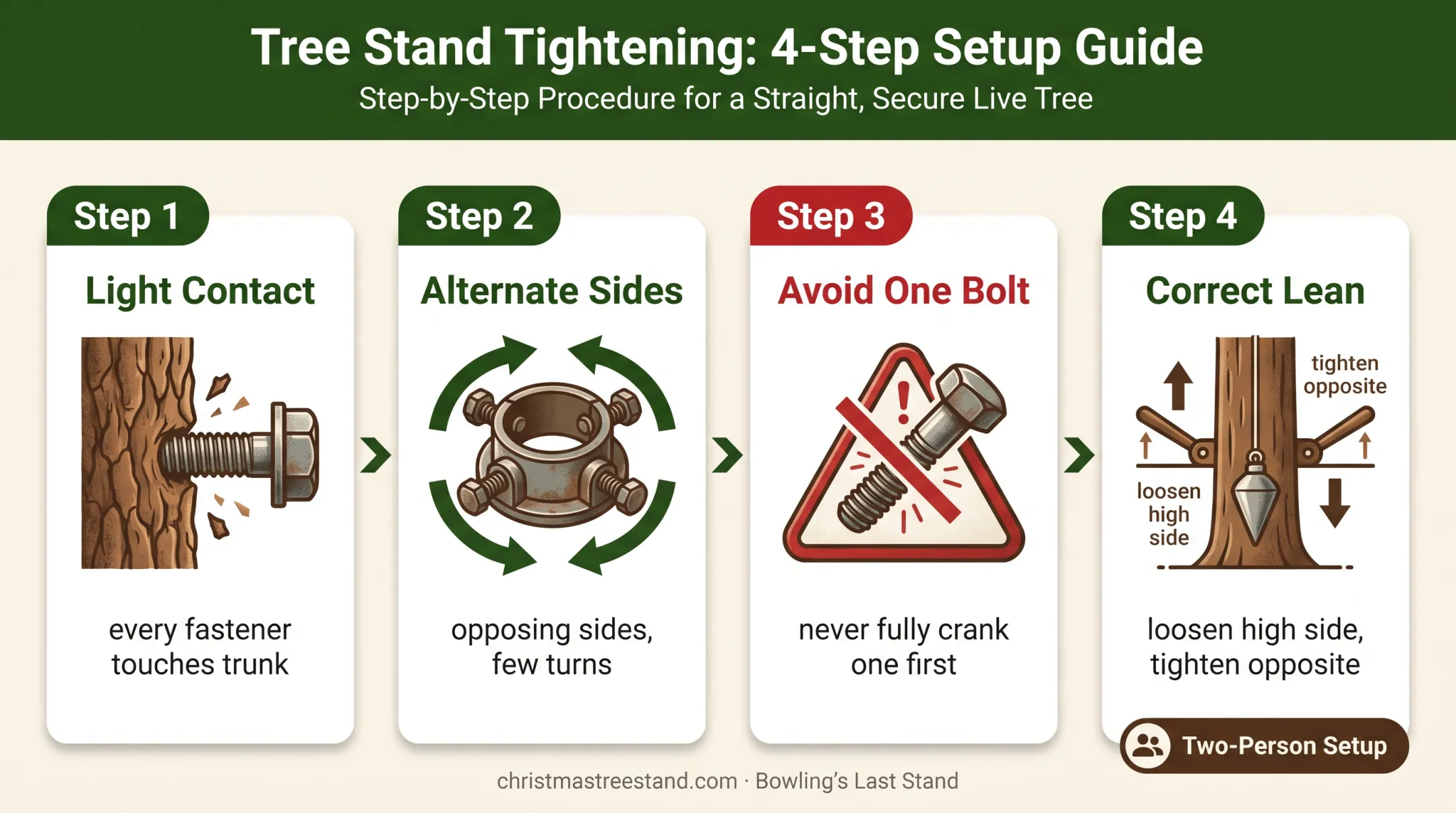 Four-step Christmas tree stand bolt tightening process for stability