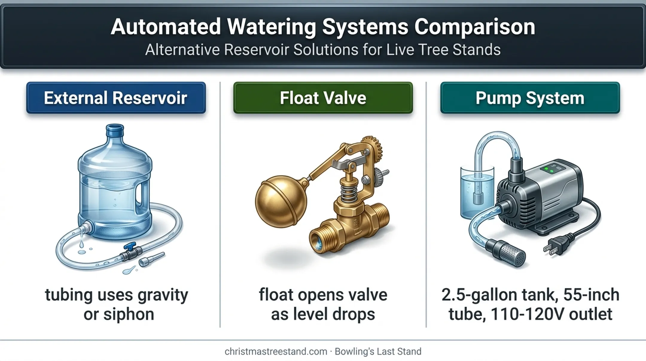 Three automatic Christmas tree watering system types comparison