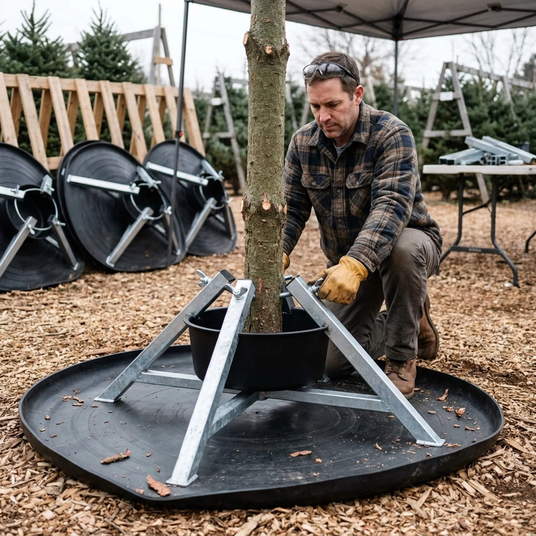 Christmas tree retail preparation with stand tray