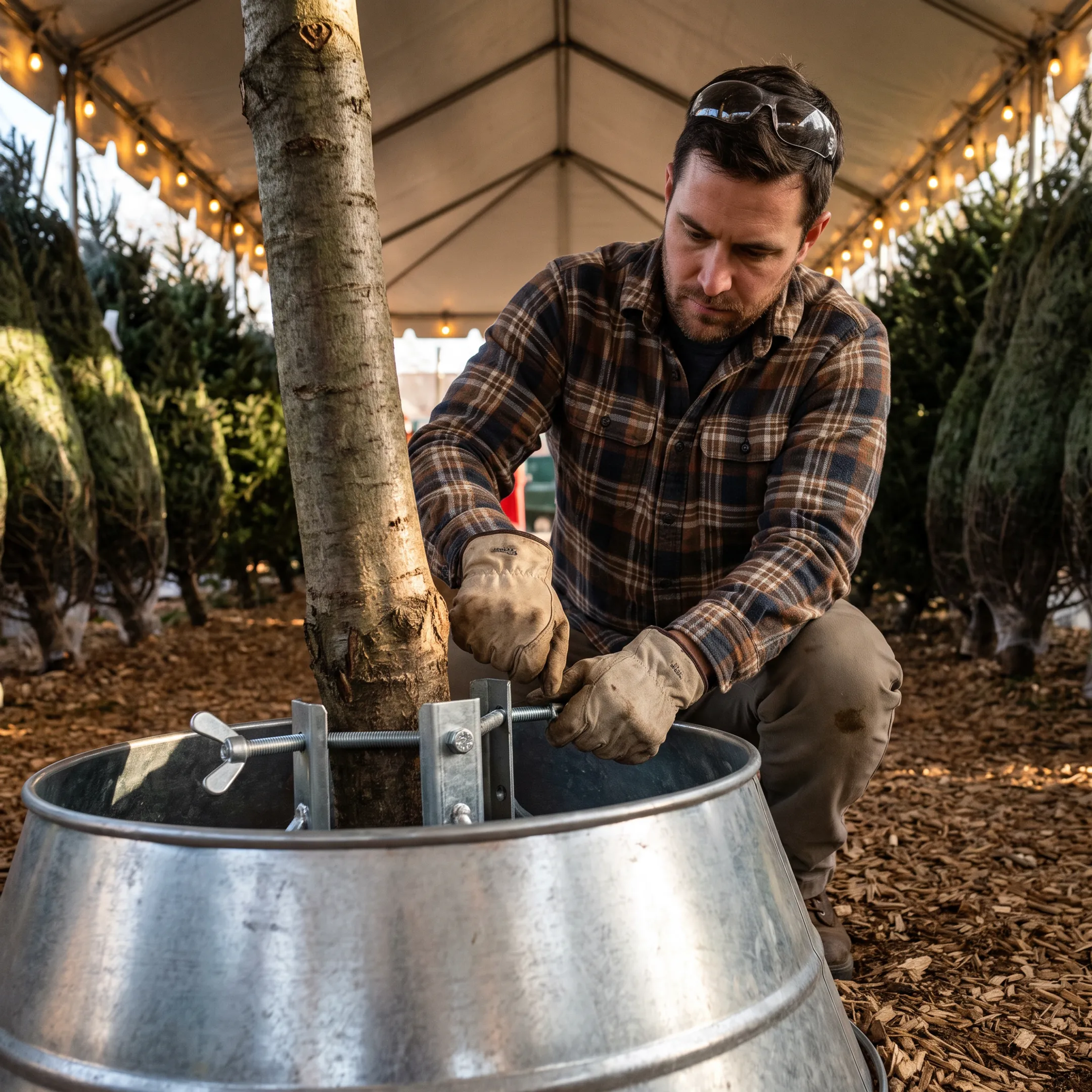 Christmas tree retailer using a tall tree stand