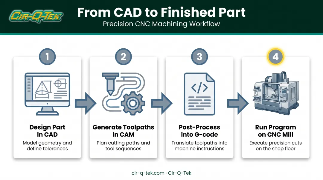 CAD to CNC 4-step machining workflow process diagram