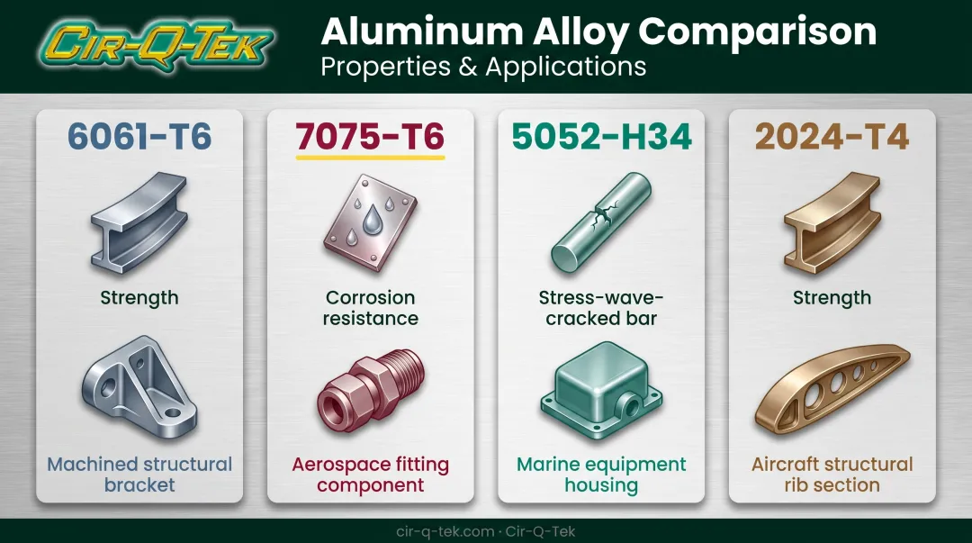 Aluminum alloy comparison chart showing strength corrosion resistance and applications