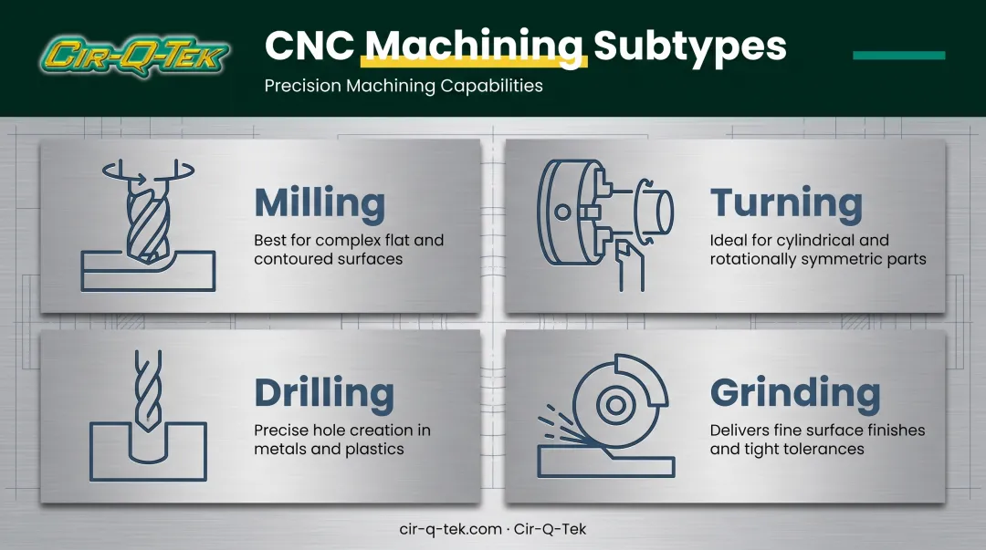 Milling turning drilling and grinding CNC machining subtypes overview