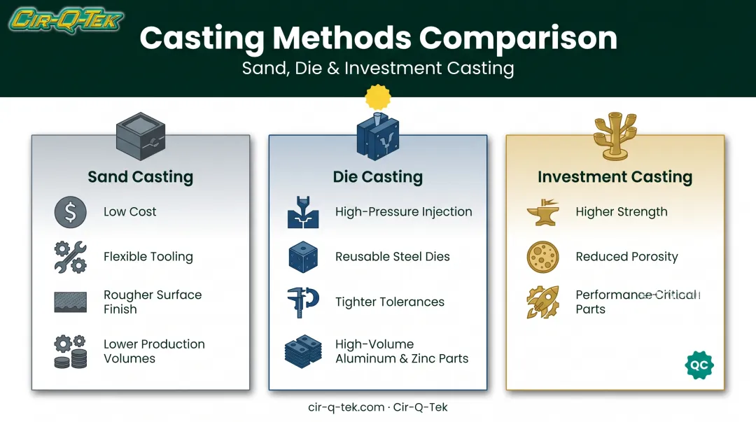 Sand die and investment casting methods comparison chart