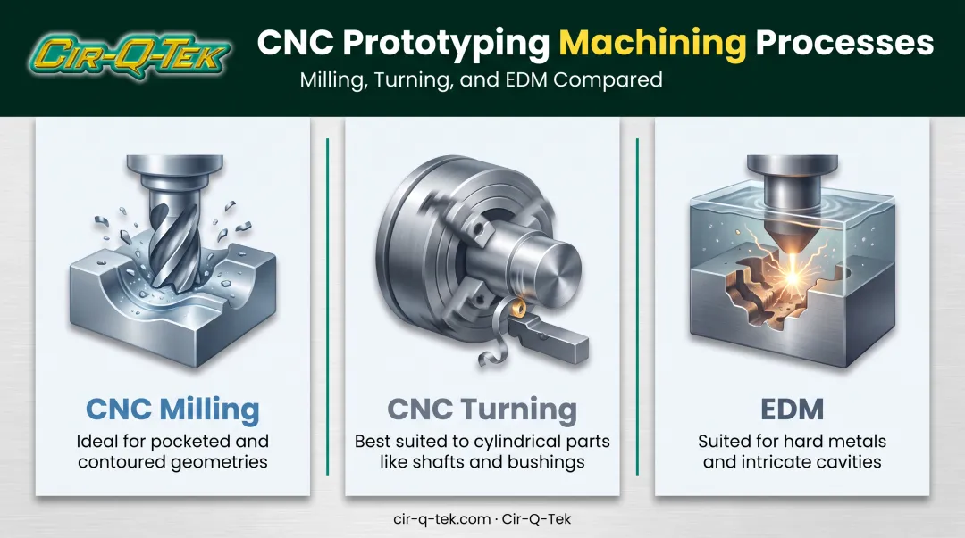 CNC milling turning and EDM machining process comparison infographic
