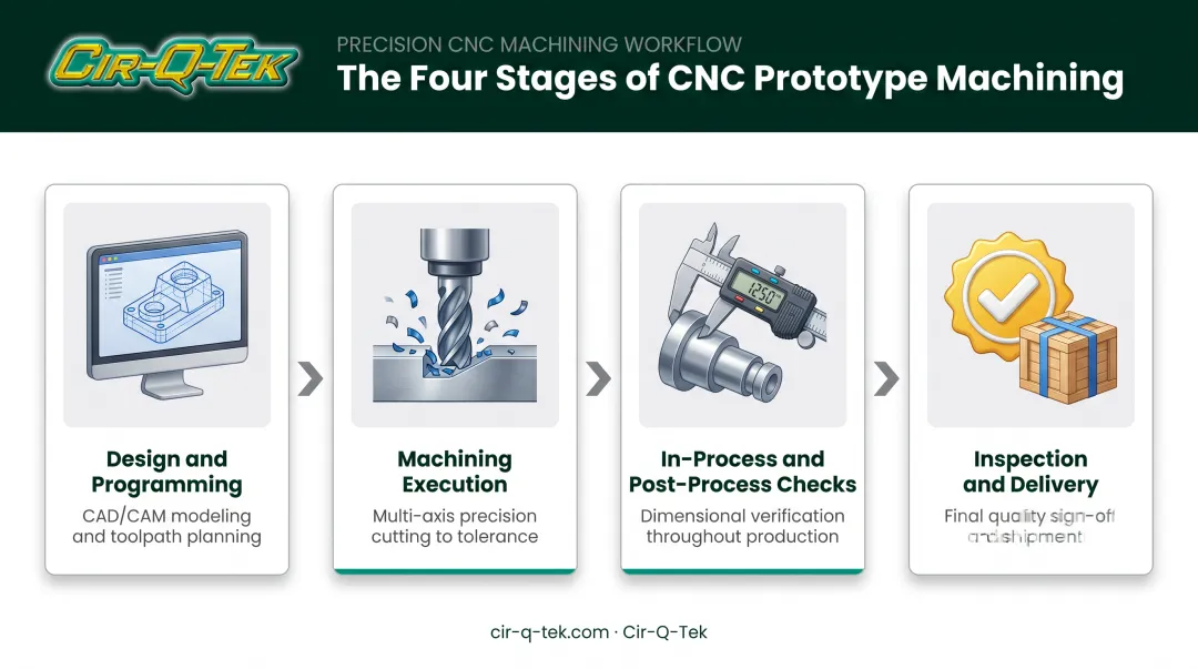 4-stage CNC prototype machining process flow from programming to inspection
