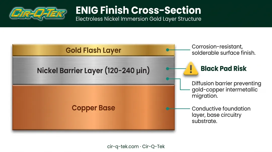 ENIG two-layer nickel gold structure over copper pad cross-section