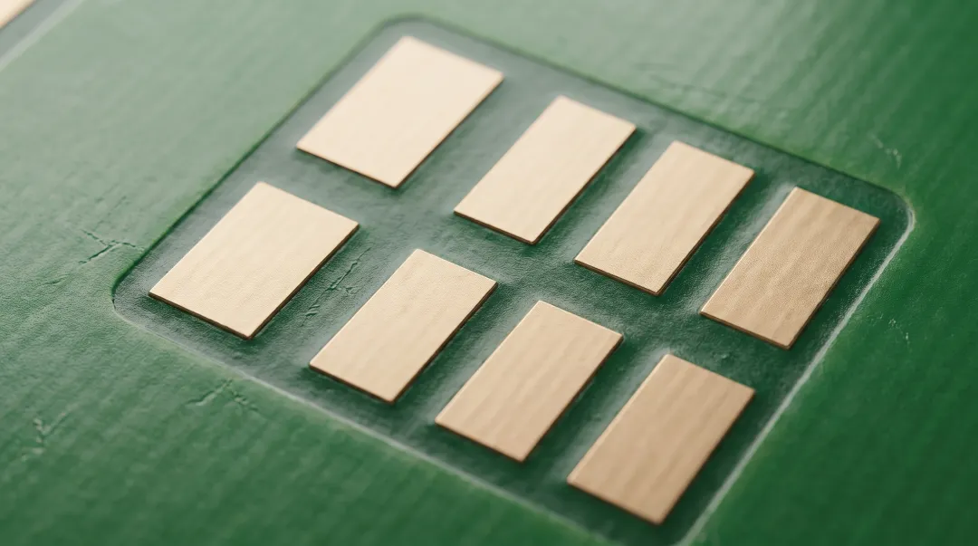 Close-up of copper PCB pads coated with organic solderability preservative layer
