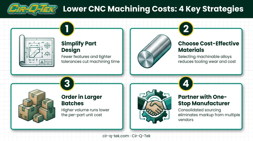 Four strategies to reduce CNC machining costs infographic