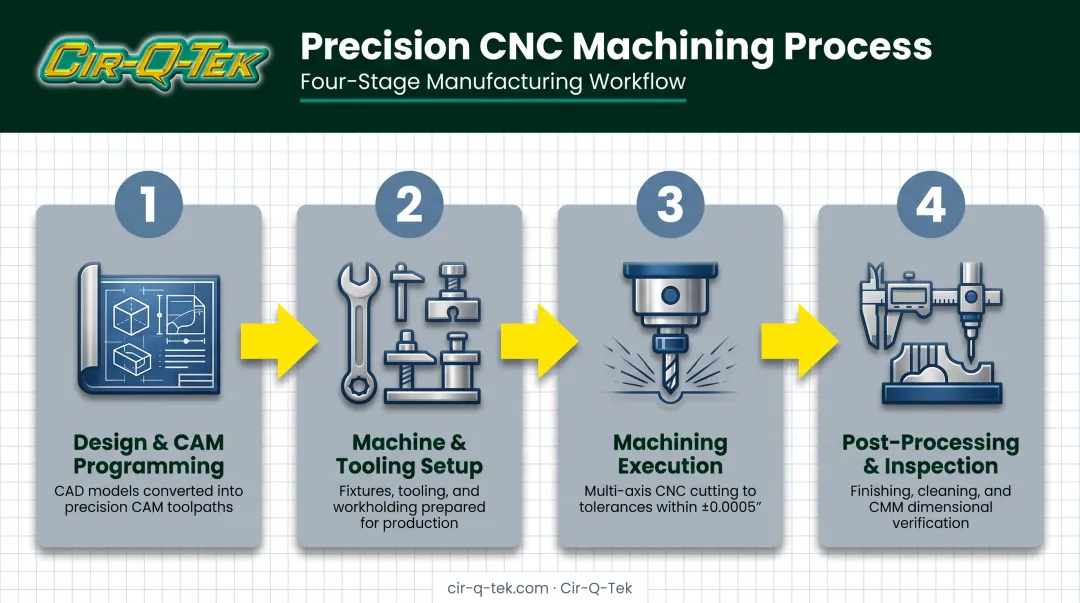 4-step precision CNC machining workflow from design to inspection