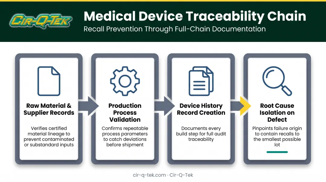 Device traceability workflow from raw material to finished product record