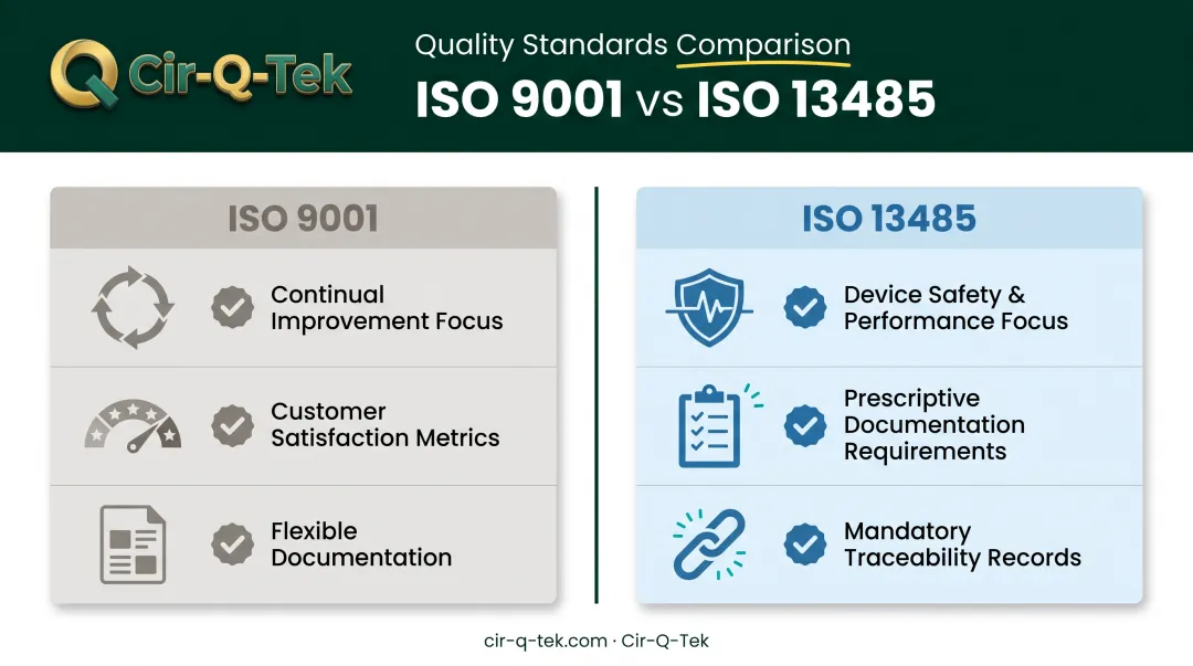 ISO 13485 versus ISO 9001 key requirement differences comparison