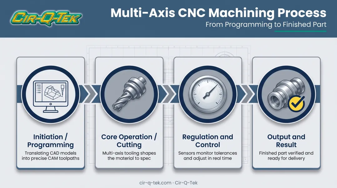 Four-stage multi-axis CNC machining process from programming to final inspection