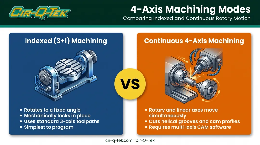 Indexed 3+1 versus continuous 4-axis milling mode comparison infographic