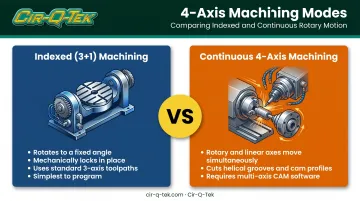 Indexed 3+1 versus continuous 4-axis milling mode comparison infographic