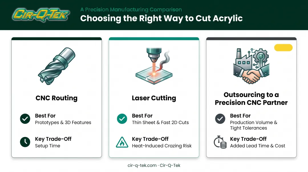 CNC routing versus laser cutting versus outsourcing acrylic comparison chart