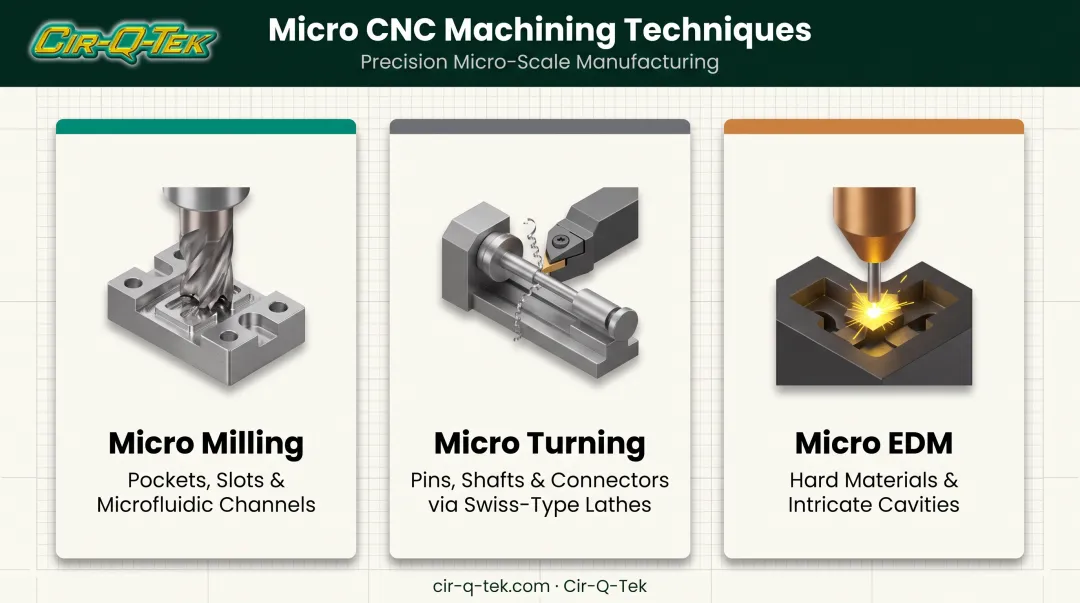 Micro milling turning and EDM techniques comparison infographic diagram