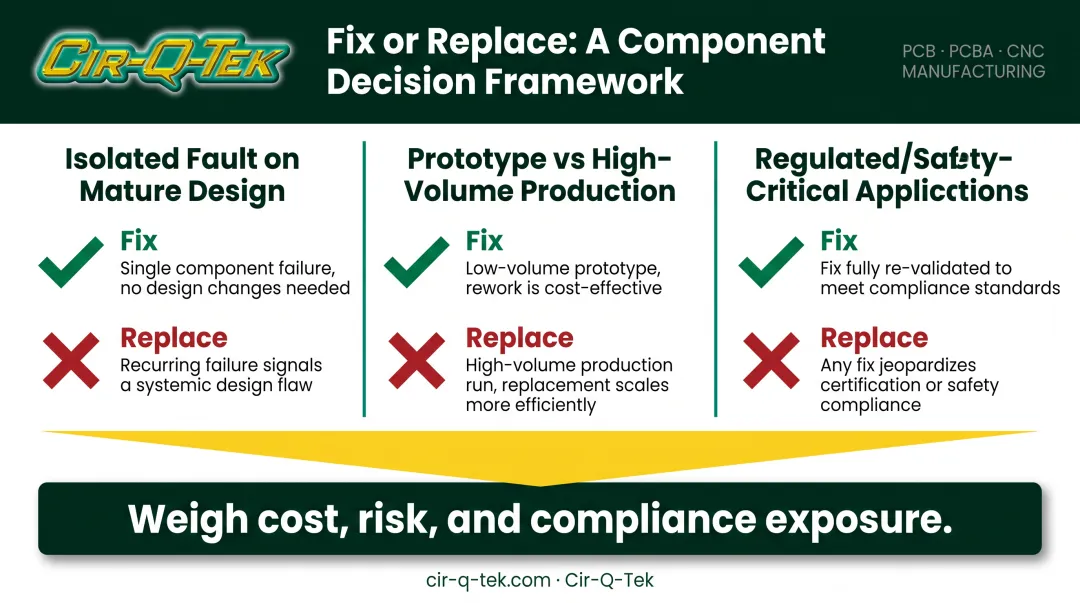 Repair versus replace decision comparison across three PCB fault scenarios