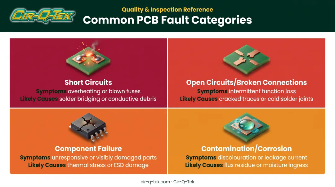 Four common PCB failure categories with symptoms and root causes compared