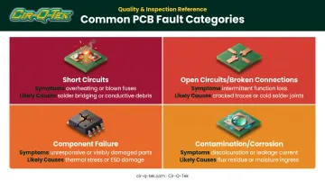 Four common PCB failure categories with symptoms and root causes compared