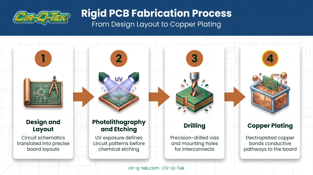 4-step rigid PCB fabrication process from design to copper plating