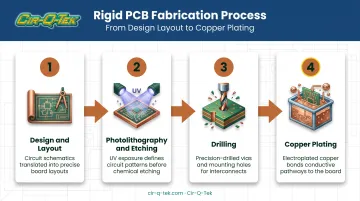 4-step rigid PCB fabrication process from design to copper plating