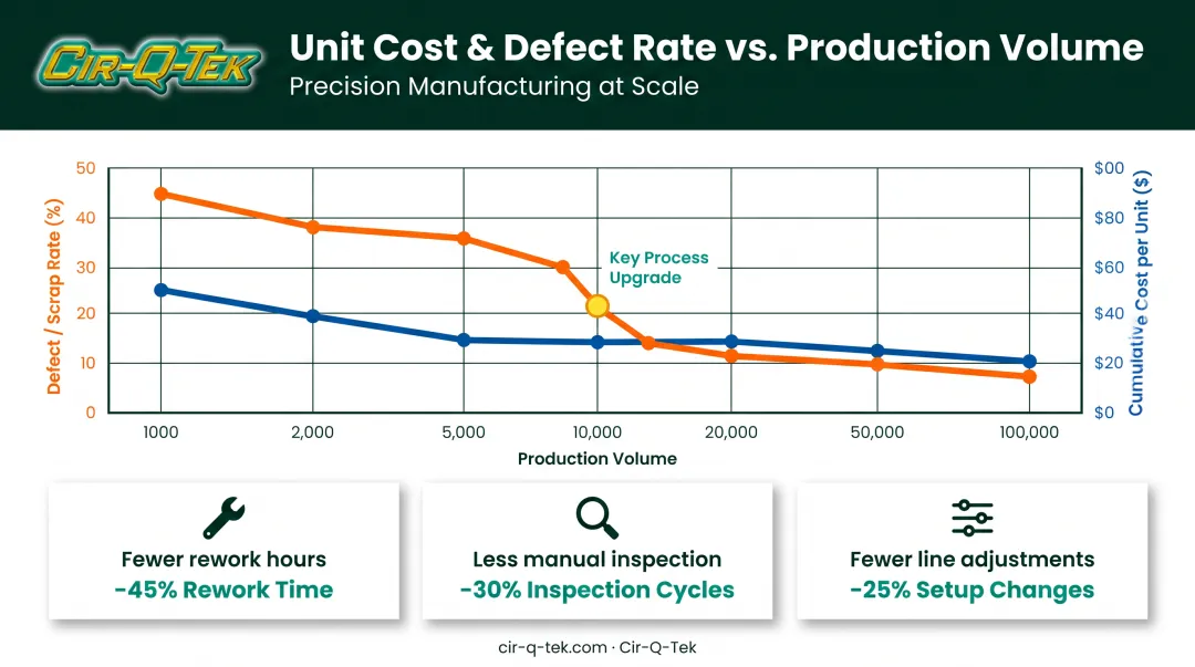 Cost savings comparison from tight tolerance control across production volume