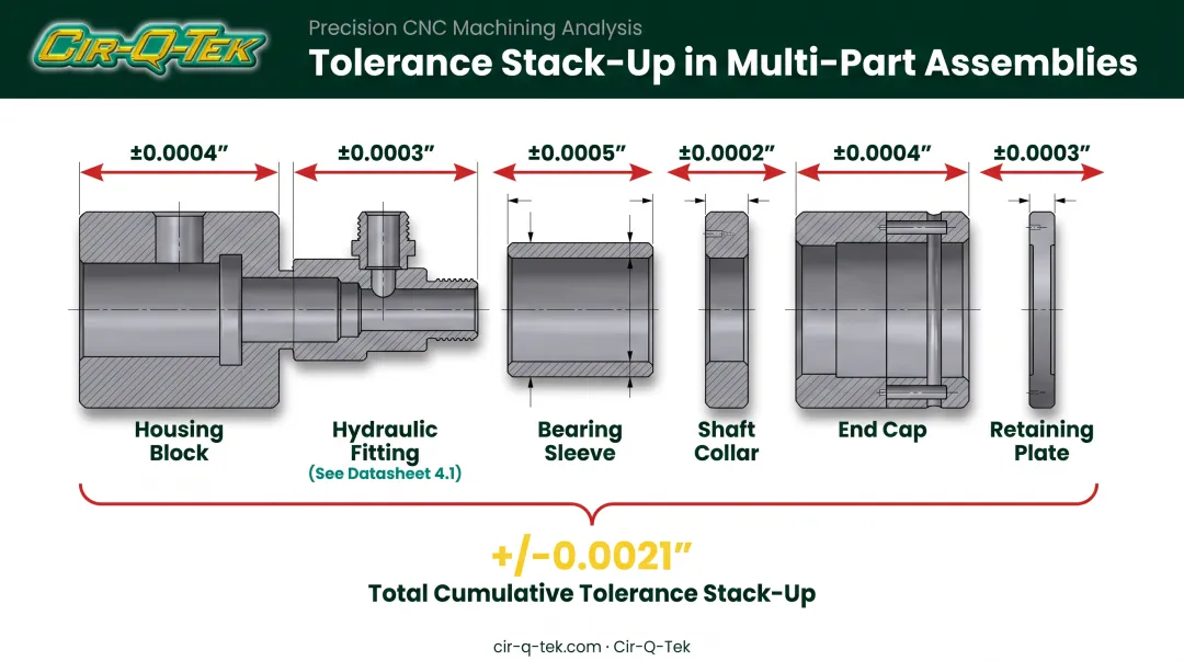Tolerance stack-up error accumulation across multi-part assembly diagram