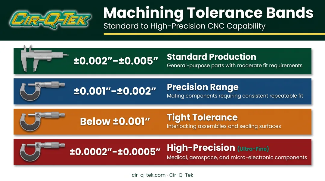 CNC machining tolerance bands from standard to high-precision ranges