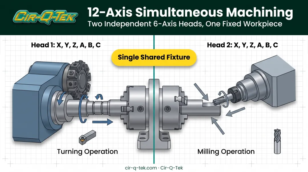 Dual 6-axis head configuration diagram for 12-axis CNC machining