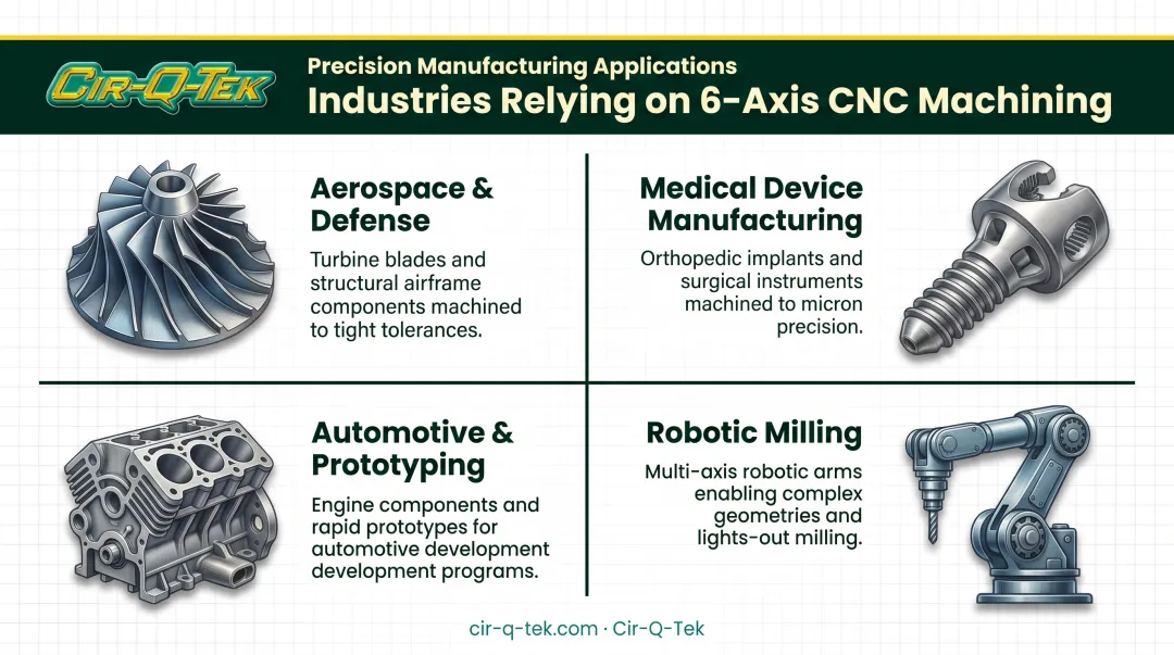 6-axis CNC machining industries and applications overview infographic