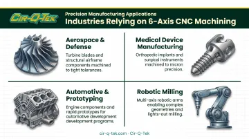 6-axis CNC machining industries and applications overview infographic