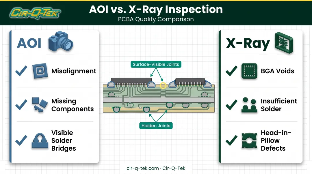 AOI versus X-ray inspection comparison for PCB assembly defect detection