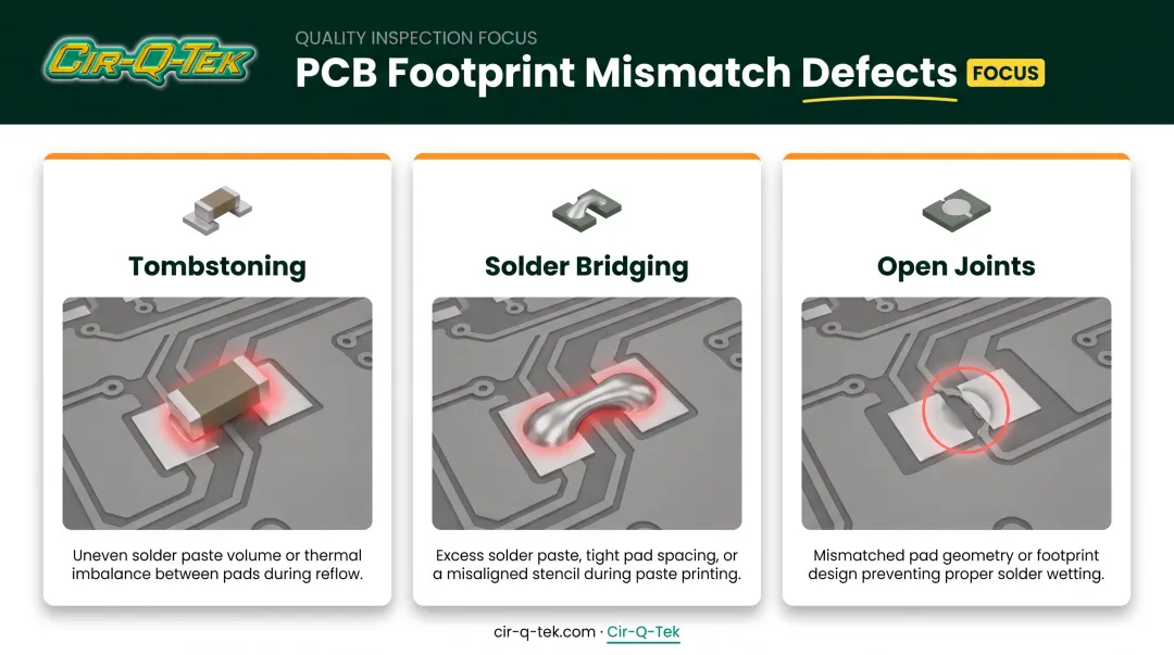 Three common PCB footprint defects tombstoning bridging and open joints