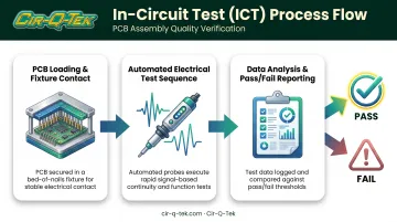 3-step ICT process flow from fixture loading to pass fail report