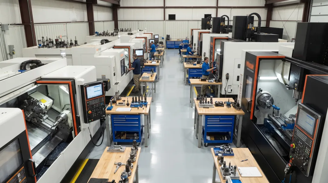 CNC machine shop floor with milling and turning equipment operating