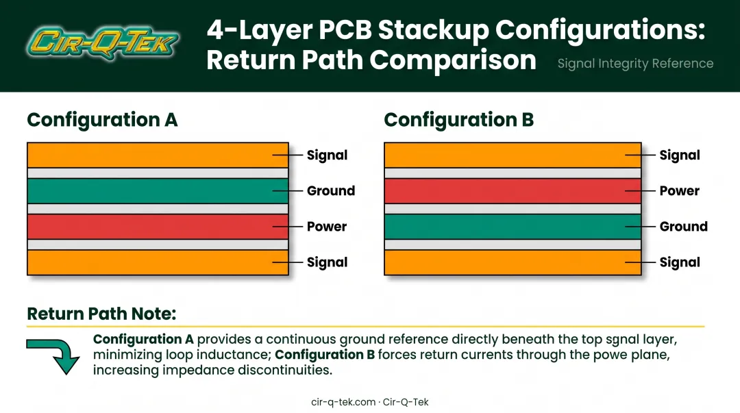 S-G-P-S versus S-P-G-S four layer PCB stackup comparison diagram