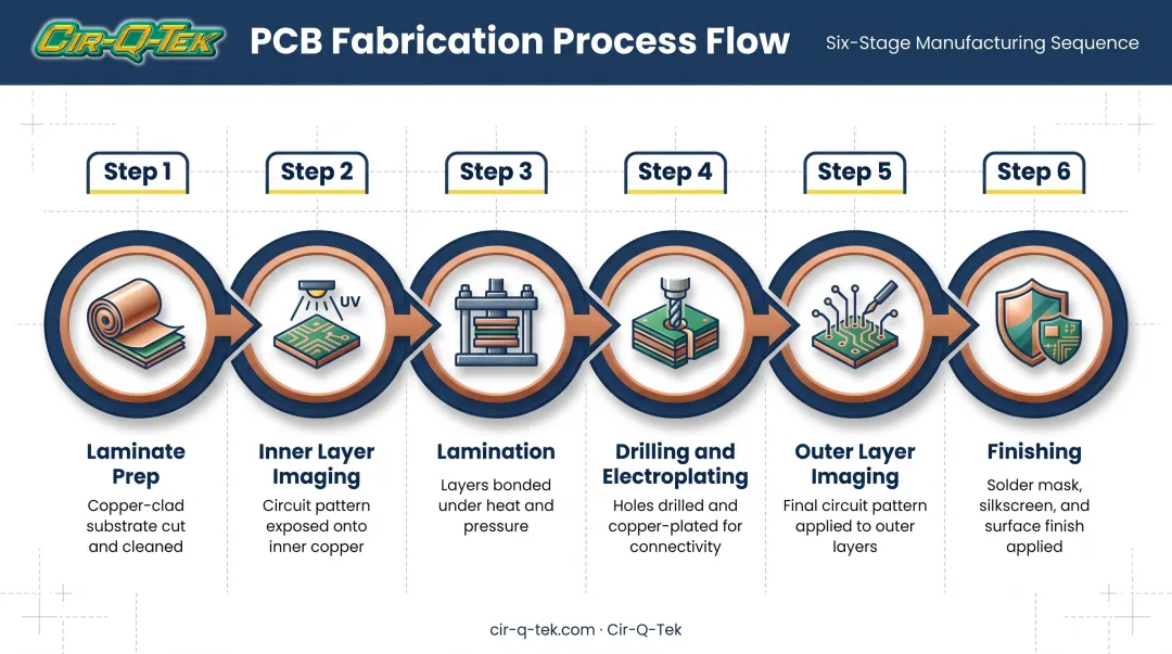 6-step 4 layer PCB fabrication process from lamination to finishing