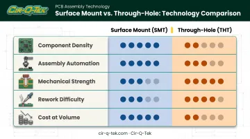 SMT versus through-hole PCB assembly comparison chart with key factors